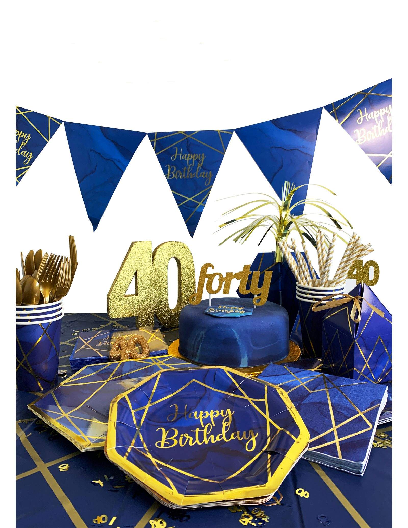 Grand pack de décoration d'anniversaire adulte bleu et or