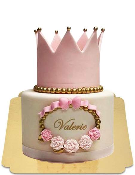  Gâteau de princesse avec couronne en pâte d'amande rose et cadre à fleurs vegan, sans gluten - 1