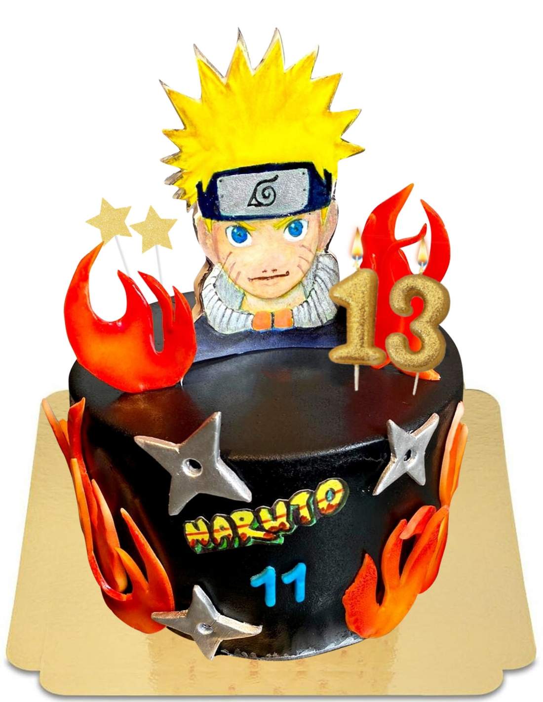 Gâteau Naruto noir à flammes et etoiles de ninja vegan, sans gluten