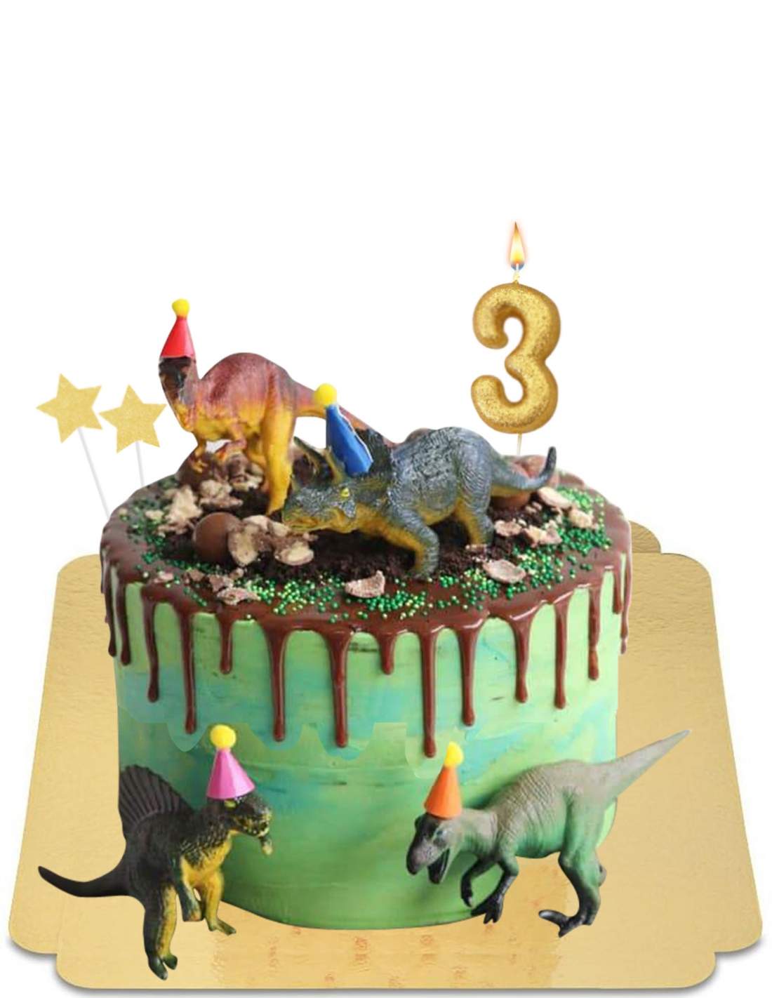 Gâteau dinosaure marbré vert à effet drip et figurine à chapeau  d'anniversaire vegan, sans gluten