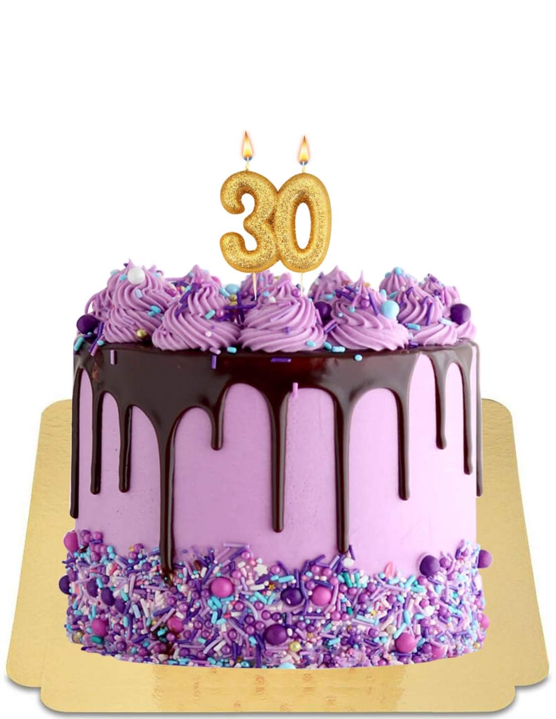 Drip cake rose et violet à confettis et meringues roses vegan, sans