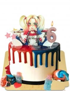 Gateausansoeufs.com Gâteau Harley Quinn à effet drip bleu et rouge vegan, sans gluten - 42