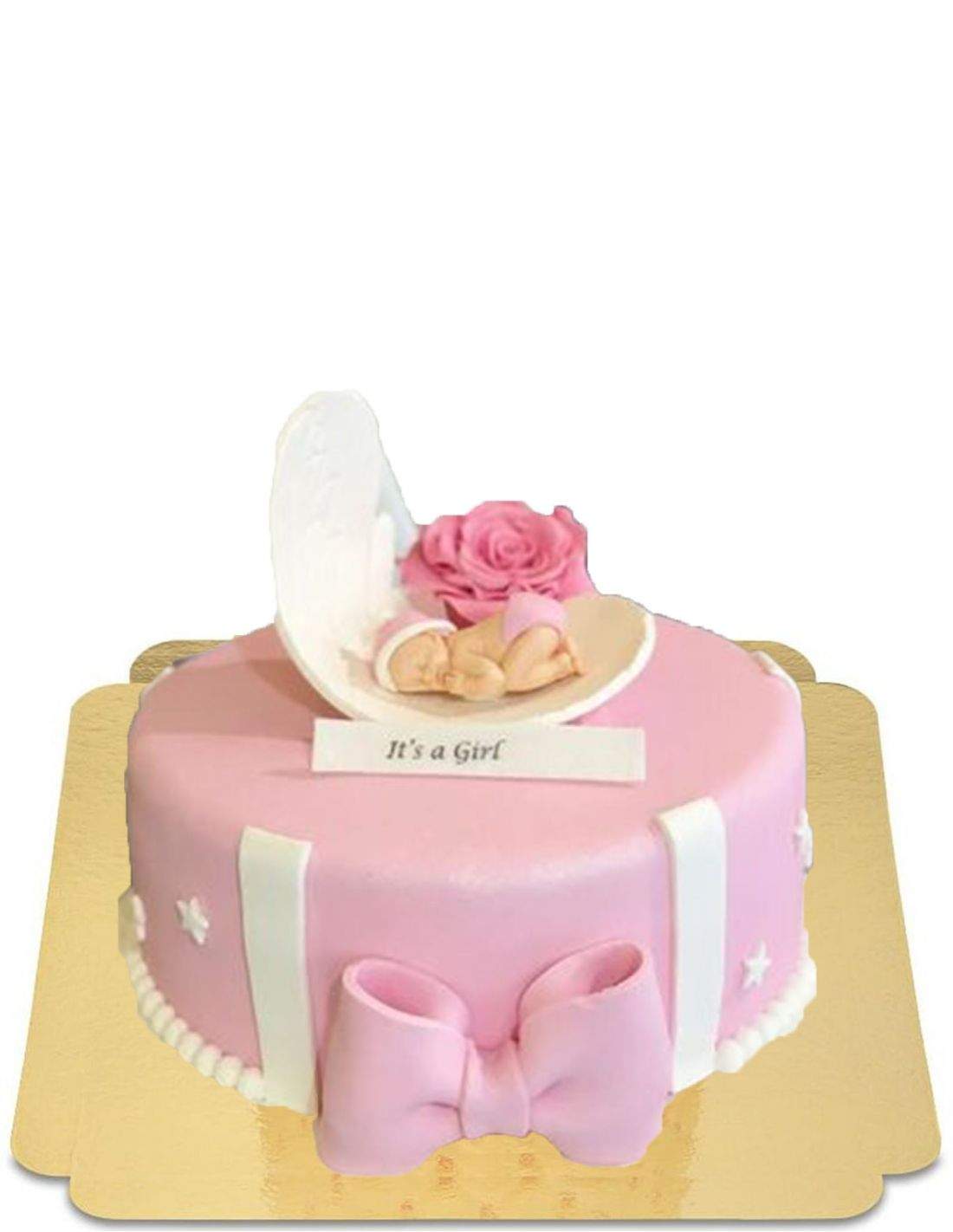 Gâteau de baptème ou naissance rose pastel avec bébé et noeud vegan