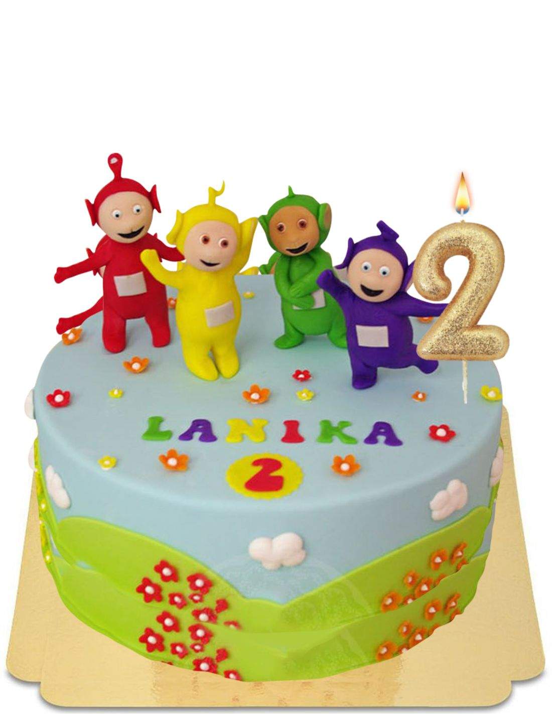 Gâteau Teletubbies avec les quatre personnages vegan et sans gluten